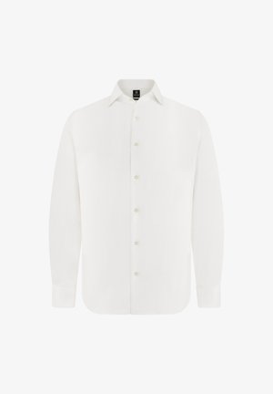 Weißes Herrenhemd mit langen Ärmeln, Kragen und Knöpfen vorne, vor einem schlichten weißen Hintergrund.