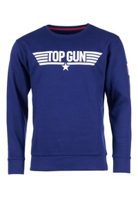 Blå sweatshirt tillverkad av bomull, med en vit "TOP GUN" grafik med vingdesign och en stjärna. Ribbad mudd och halsringning.