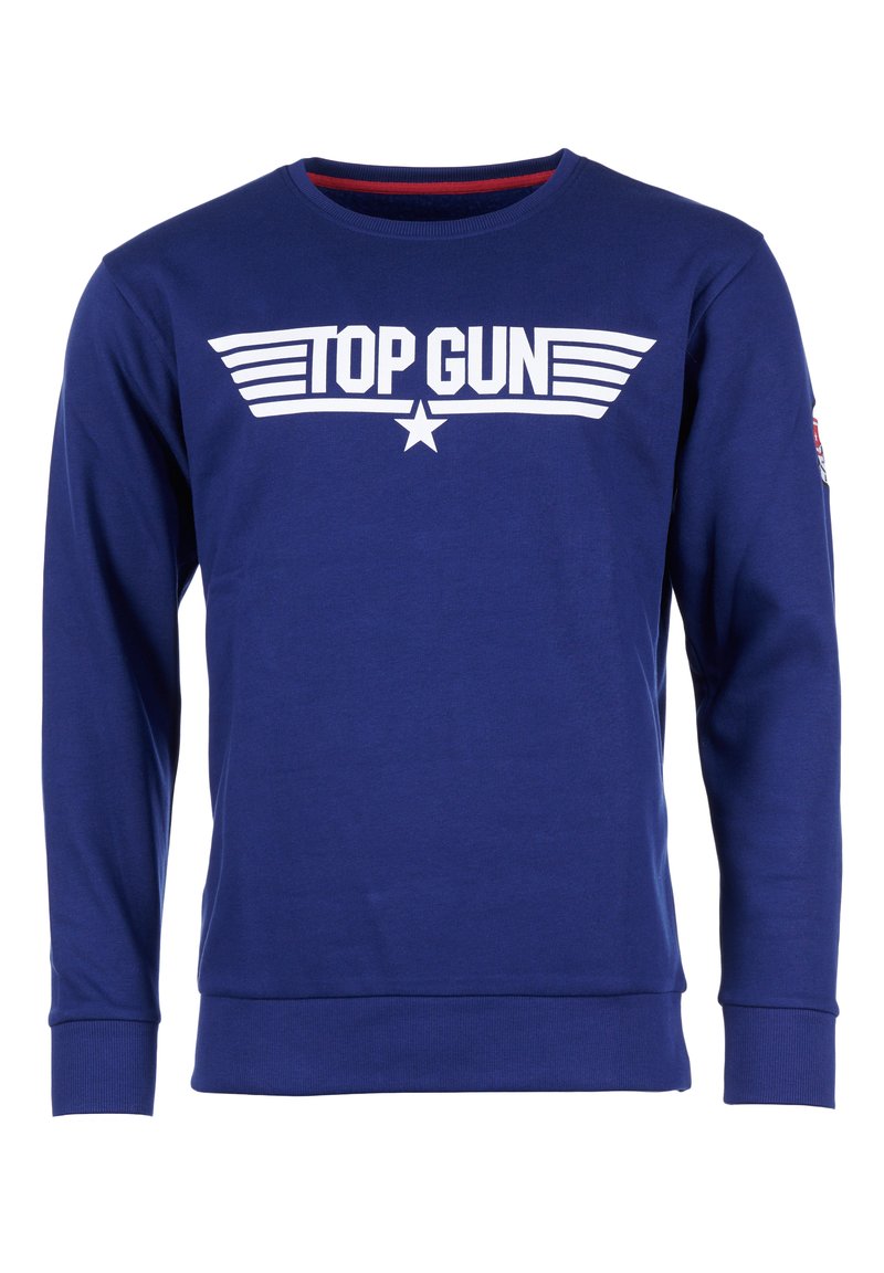 Blå sweatshirt tillverkad av bomull, med en vit "TOP GUN" grafik med vingdesign och en stjärna. Ribbad mudd och halsringning.