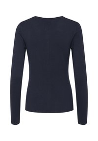 Marineblaues Langarmshirt mit figurbetontem Schnitt, rundem Ausschnitt und glatter, elastischer Textur. Keine sichtbaren Muster oder Verzierungen.