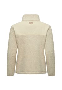 Giacca in pile beige con colletto alto e superficie testurizzata. Presenta una parte superiore liscia e un'etichetta del marchio discreta sul retro.