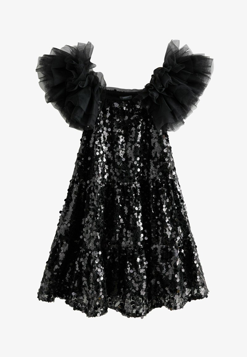 Black sleeveless dress with shiny sequins and large ruffled tulle sleeves, flaring out at the hem.