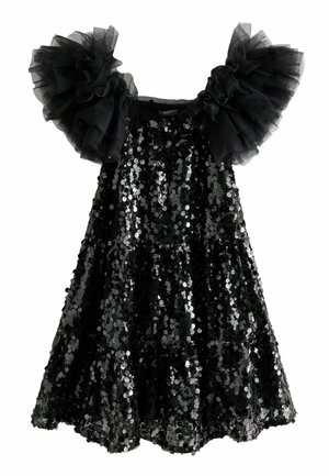 Black sequin dress featuring a flared silhouette, adorned with tulle puff sleeves and a round neckline. Reflective sequins create a shimmering effect.