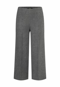 Graue, weit geschnittene Hosen aus strukturiertem Stoff. Sie haben eine hohe Taille und ein klares, schlichtes Design ohne sichtbare Verschlüsse oder Taschen.