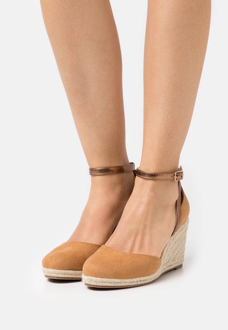 Jambes portant des espadrilles compensées couleur beige avec des semelles tressées et des brides de cheville bronze, debout sur un fond blanc.