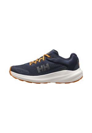 Zapatilla de correr azul marino con cordones naranjas y detalles en la suela, media suela blanca gruesa y logo HH destacado en el lateral.