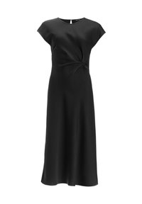 Sort kjole med cap sleeves, knude detalje ved taljen, glat tekstur og flydende nederdel. Mellemlang design med en subtil glans.