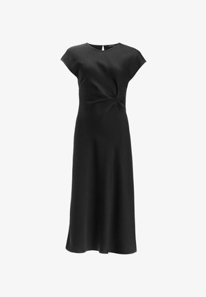 Schwarzes Kleid mit kurzen Ärmeln, geknotetem Detail an der Taille, glatter Textur und fließendem Rock. Midikleid mit subtiler glänzender Oberfläche.