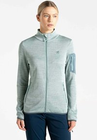 Hellblaues Zip-Jacket aus einem weichen, strukturierten Stoff. Verfügt über einen hohen Kragen, zwei seitliche Taschen und eine mit Reißverschluss versehene Armtasche.