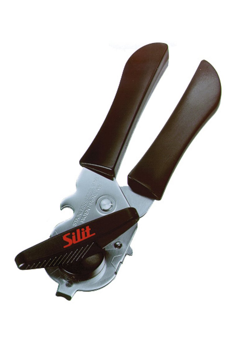 Dosenöffner mit schwarzen ergonomischen Griffen und drehbarem Hebel, beschriftet mit "Silit", auf dem silbernen Metallgehäuse.