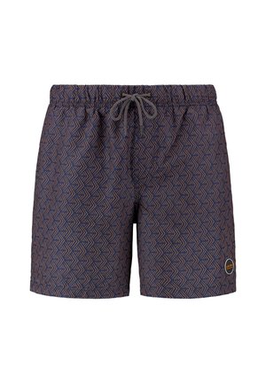 Shorts de bain bleu marine avec un motif géométrique orange. Dotés d'une taille élastique avec un cordon de serrage et d'un petit patch logo.