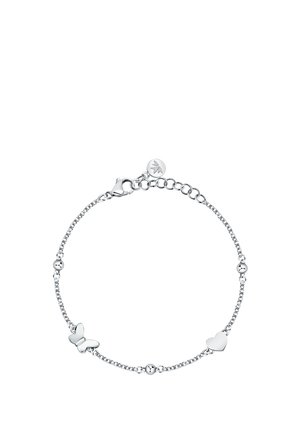 Bracciale in argento con charm a forma di farfalla e cuore, alternati a sfere. Texture liscia con finitura lucida.