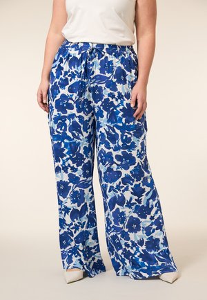 Blauwe bloemenprint wijde broek gemaakt van lichtgewicht stof, met een elastische tailleband en een koord, en zijkiezen.
