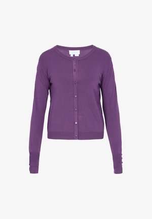 Violetti neulecardigan pitkähihainen, pyöreä kaula-aukko, edessä nappikiinnitys ja koristeelliset napit hihojen resoreissa. Pehmeä tekstuuri.