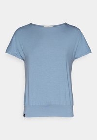 Light blue short-sleeve top with a round neckline and gathered hem detail. Made from soft fabric, it has a relaxed fit and minimal hardware.