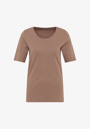 T-shirt marron à manches courtes avec un col rond. Fabriqué en tissu lisse et doux. Construction sans couture et finitions soignées.