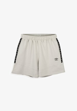 Lysegrå treningsshorts med elastisk midjebånd, svarte sidestriper med hvite diamantlogoer og en liten Umbro-logo på venstre ben.