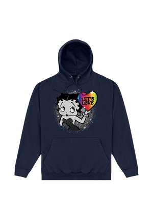Granatowa bluza z kapturem z grafiką postaci z kreskówki z czarnymi włosami, trzymającej tęczowe serce z napisem "KOCHAJMY".
