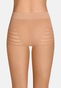 Pantaloni shapewear beige senza cuciture con una finitura liscia, caratterizzati da strisce orizzontali lungo i lati per un dettaglio di design aggiuntivo.