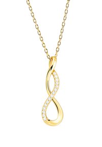 Collana d'oro con pendente a forma di infinito, finitura lucida con una fila di piccoli cristalli trasparenti, appesa a una delicate catena.
