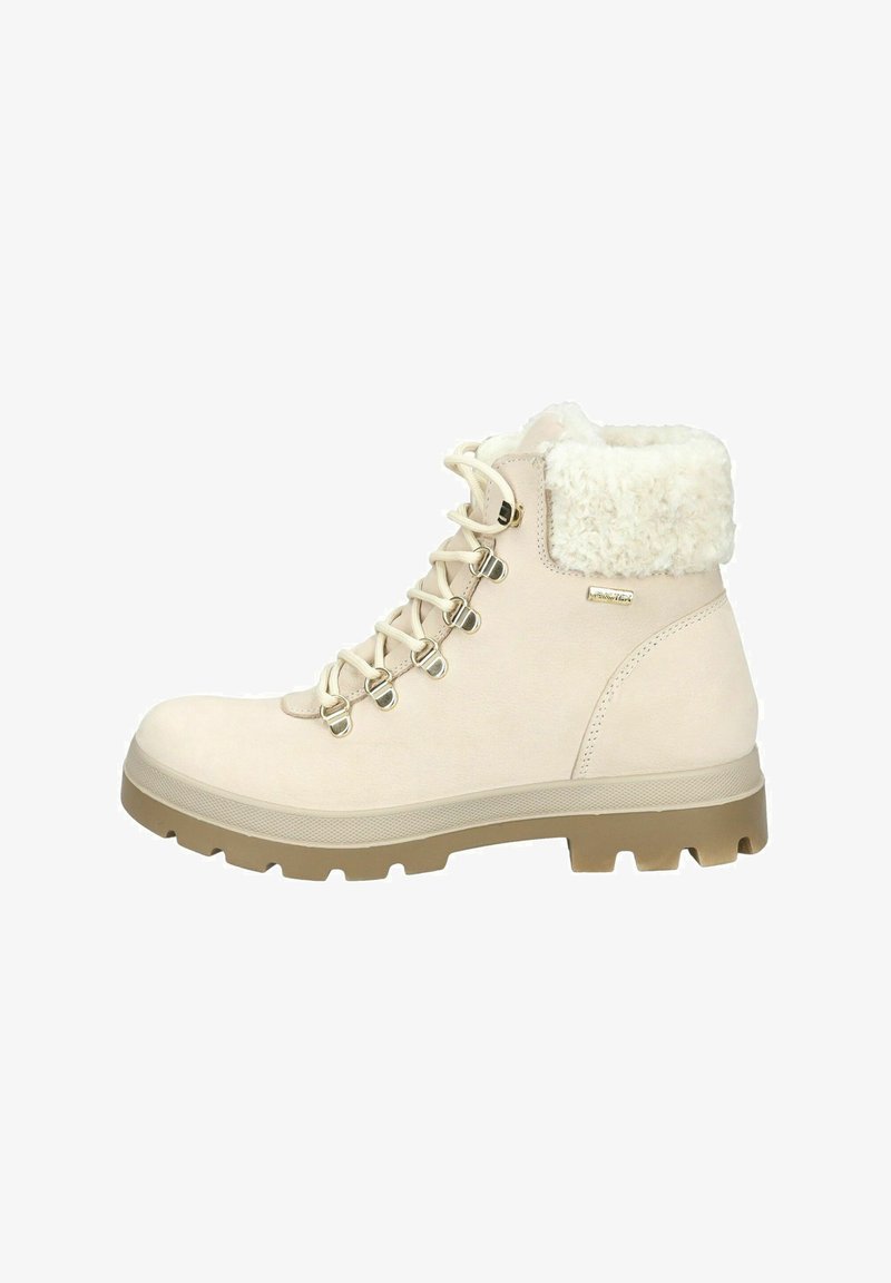 Beige vandrestøvler med en fluffy hvid krave, snørebånd foran, guldfarvede hardware detaljer og en robust, struktureret sål.