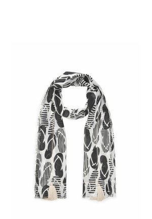 Zwart-witte sjaal met abstracte blad- en streeppatronen, met rafelige randen en twee beige tassels aan de uiteinden.