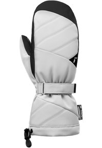 Graue isolierte Handschuhe mit schwarzem Akzent, diagonal gestepptem Muster, verstellbarem Handgelenkriemen und elastischem Band am Bündchen.