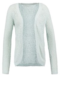 Licht mintgroene cardigan met een gestructureerd breipatroon, open voorkant en lange mouwen. Zachte, ademende stof met een losse pasvorm.