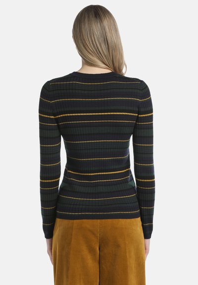 Maglione a maniche lunghe a coste con strisce orizzontali verdi, nere e gialle, dotato di scollatura rotonda e design attillato.