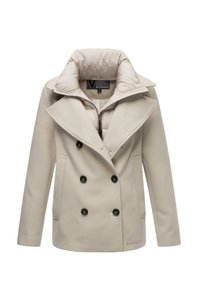 Manteau beige à double boutonnage avec des boutons noirs, grand revers et col rembourré. Comprend deux poches latérales et un tissu lisse.