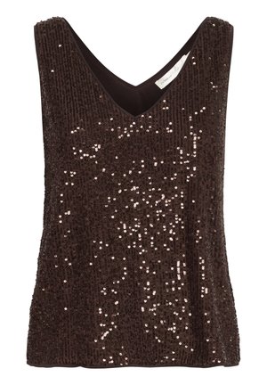 Smeđa bezrukavna majica s V-izrezom, ukrašena šljaštavim detaljima i vertikalnim prugama za strukturiran izgled. Mekana unutarnja podstava.