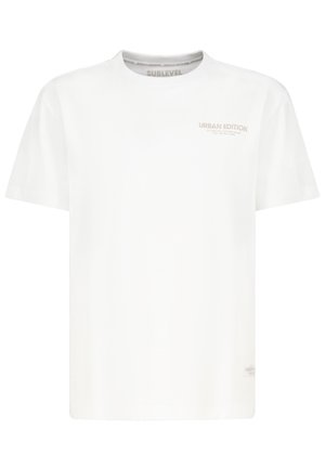 Weißes Baumwoll-T-Shirt mit kurzen Ärmeln, das auf der Vorderseite einen kleinen, hellgrauen Text "URBAN EDITION" und ein dezentes Etikett an der Seite aufweist.