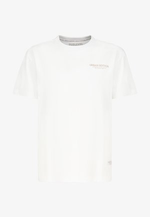Weißes Baumwoll-T-Shirt mit kurzen Ärmeln, das auf der Vorderseite einen kleinen, hellgrauen Text "URBAN EDITION" und ein dezentes Etikett an der Seite aufweist.