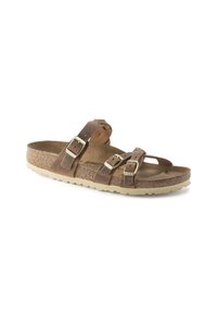 Brune læder Birkenstock sandal med tre justerbare metalspænder og en beige korksål.