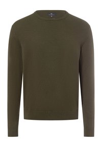 Olivgrüner Strickpullover mit Rundhalsausschnitt, langen Ärmeln und gerippten Bündchen sowie Saum. Verfügt über eine glatte Textur und ein schlichtes Design.