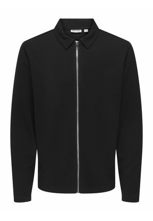 Giacca nera con zip e colletto, dotata di maniche lunghe, tessuto strutturato e chiusura con zip argentata lungo il centro frontale.