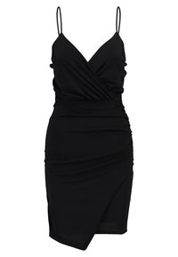 Svart klänning med djup V-ringning, tunna axelremmar och omslagstyg. Har rynkningar på sidan och en raka knälång nederkant. Tillverkad av mjukt material.