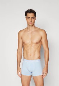 Fiatal férfi áll egy sima háttér előtt, világoskék, testhezálló boxer alsót viselve, fehér derékkal.