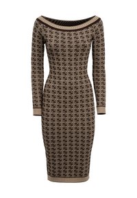 Braun und beige tailliertes Midikleid mit langen Ärmeln, ganzflächigem geometrischem Muster und weitem, rundem Ausschnitt.