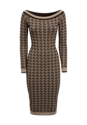 Bruin en beige aansluitende midi-jurk met lange mouwen, een algeheel geometrisch patroon en een brede ronde halslijn.