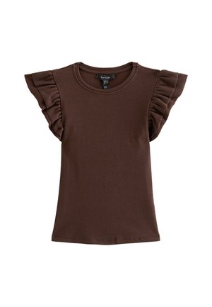 New Look, DARK  FRILL SLEEVE TOP - Camiseta básica - dark brown
