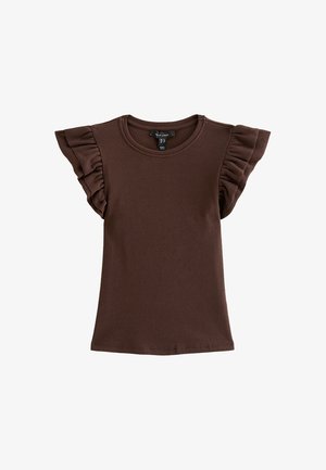 New Look, DARK FRILL SLEEVE TOP - Camiseta básica - dark brown