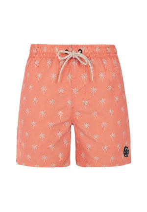 Shorts de bain corail avec motif de palmiers blancs, taille élastique et cordon de serrage. Patch logo noir en bas à droite. Texture lisse.