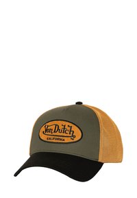 Cappello di stoffa verde con visiera nera, lati in rete arancione e logo ricamato "Von Dutch California" sulla parte frontale.