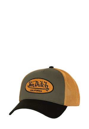 Green fabric cap with black brim, orange mesh sides, and embroidered "Von Dutch California" logo on the front.