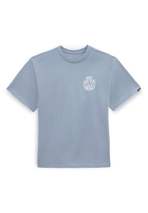 Hellblaues T-Shirt mit kurzen Ärmeln aus weichem Stoff und Rundhalsausschnitt. Verfügt über ein weißes Vans 'Off the Wall'-Logo auf der linken Brustseite.