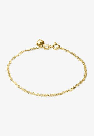 Gold chain bracelet featuring twisted links, a lobster clasp, and a heart-shaped accent. Smooth texture with a shiny finish.