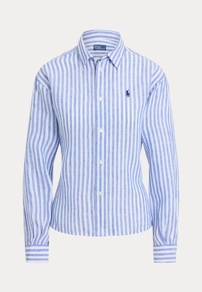 Long-sleeve button-up shirt with vertical blue and white stripes and a small dark blue embroidered logo on the left chest.