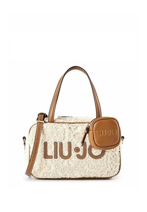 Beige kanten handtas met bruine leren handvatten, afneembare riem en een kleine bruine pouch met het merk "LIU JO" bevestigd aan de voorkant.