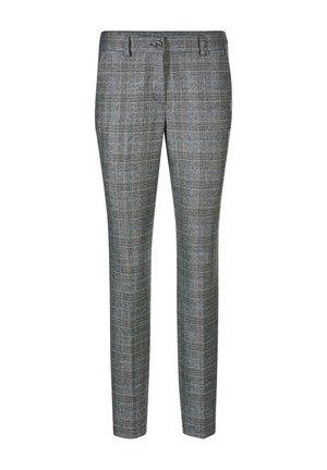 Grijze geruite broek met een getailleerd ontwerp, voorzien van een knoopsluiting, riemlussen en een platte voorkant. Gemaakt van een geweven stof.